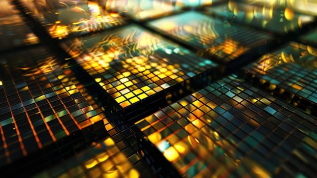 Futuristic geometric grid pattern with 3D elements and futuristic overlays