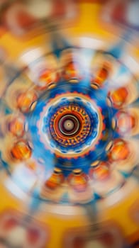 A colorful spiral with a blue center. The spiral is blurry and has a yellow and orange center