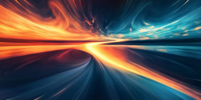 Vibrant abstract image featuring swirling light patterns in blue and orange, evoking energy and motion.