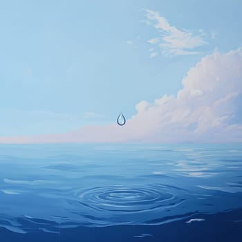 A serene ocean view featuring a single droplet creating ripples, set against a clear blue sky with gentle clouds.