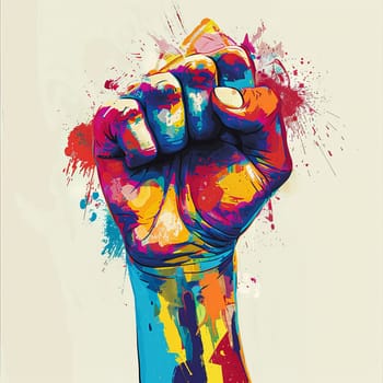 Colorful abstract art of a raised fist, symbolizing strength and unity with vibrant paint splashes.