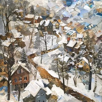 A painting of a snowy town with houses and a road. The houses are brown and white. The road is covered in snow