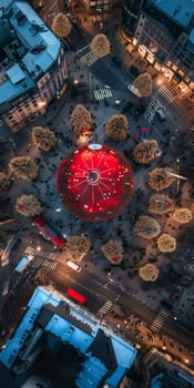 A red ball is in the center of a city. There are many people around it. The ball is surrounded by trees