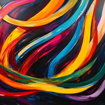 A vivid abstract painting featuring dynamic, colorful brushstrokes on a dark background, highlighting artistic expression.