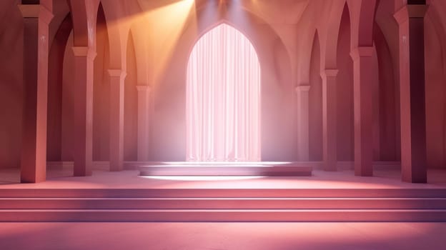 A serene, dreamlike scene of a sunlit Gothic archway with pink and purple hues, featuring majestic columns and elegant architecture.