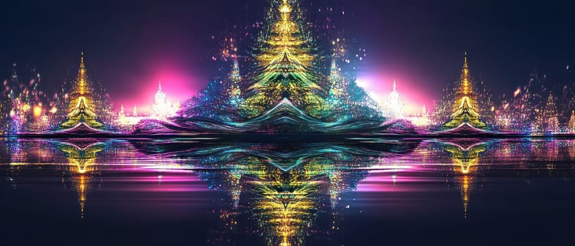 Colorful lights illuminate trees by the water during the festive season. A serene reflection creates a mesmerizing holiday atmosphere.