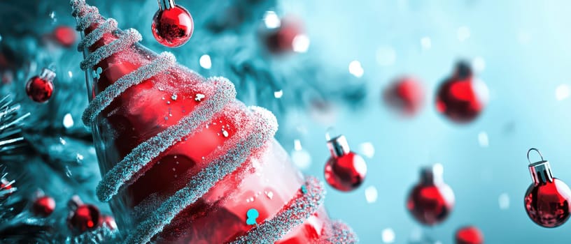 A beautifully adorned Christmas tree with red ornaments shines against a blue backdrop evoking festive cheer and warmth.