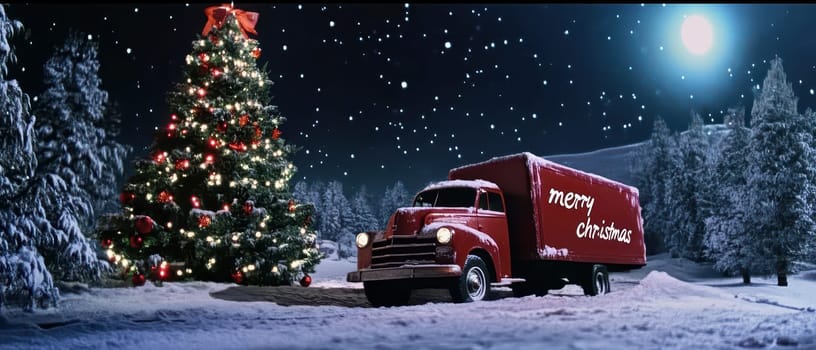 A vintage red truck is parked near a brightly decorated Christmas tree under a starry sky. Snow covers the ground as festive lights twinkle.