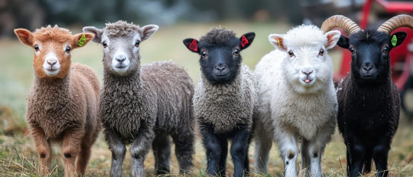 Five distinct sheep stand closely together showcasing their woolly coats and festive presence as they enjoy the winter ambiance of the season.
