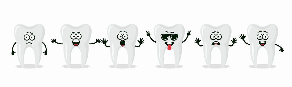 Adorable Tooth Characters Showing Different Emotions. Flat Vector Tooth Illustration - Happy, Excited, Sad, Scared Expressions. Cute Tooth Design Templates for Dental Logos, Marketing, Dental Branding.
