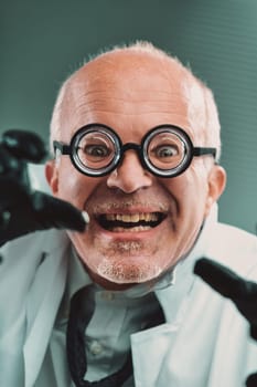 Mad scientist wearing thick glasses and black gloves conducts a bizarre experiment in the laboratory, radiating excitement and joy with a comical expression on his face