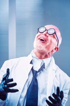 Mad scientist wearing a lab coat, black gloves, and thick glasses, laughing joyfully while looking up in a vibrant laboratory filled with quirky scientific equipment and colorful experiments