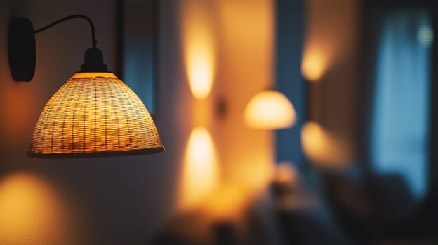 A close-up of a contemporary apartment interior featuring warm ambient lighting and a cozy atmosphere. Captured with a 35mm lens at f/1.8, the ultra-detailed photorealistic image emphasizes the soft textures and balanced illumination. Depth of field and accent lighting enhance the modern decor, highlighting the harmonious blend of style and comfort.