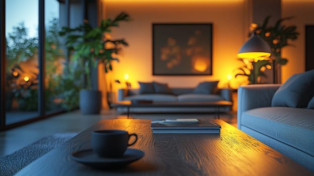 A close-up of a contemporary apartment interior featuring warm ambient lighting and a cozy atmosphere. Captured with a 35mm lens at f/1.8, the ultra-detailed photorealistic image emphasizes the soft textures and balanced illumination. Depth of field and accent lighting enhance the modern decor, highlighting the harmonious blend of style and comfort.