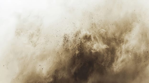 A dense, swirling formation of fine brown dust particles floating in the air, creating a hazy and ethereal atmosphere. Layers of drifting dust shimmer subtly, catching the light and adding depth and texture. The background fades to a bright beige, emphasizing the delicate movement and intricate details of the dust cloud.