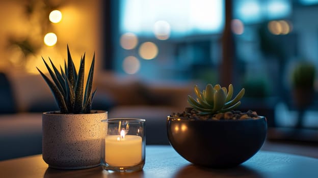A close-up of a contemporary apartment interior featuring warm ambient lighting and a cozy atmosphere. Captured with a 35mm lens at f/1.8, the ultra-detailed photorealistic image emphasizes the soft textures and balanced illumination. Depth of field and accent lighting enhance the modern decor, highlighting the harmonious blend of style and comfort.