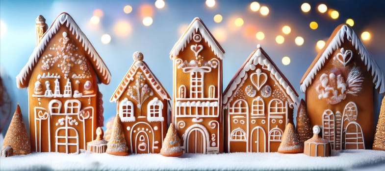 Homemade gingerbread town decorated with icing.
