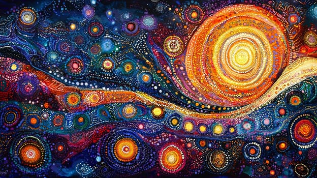 A vibrant depiction of Aboriginal Dreamtime art, featuring intricate patterns, symbolic designs, and earthy tones that convey the spiritual connection to land and ancestry. This artwork embodies storytelling, tradition, and the profound cultural heritage of Australia's First Nations people.