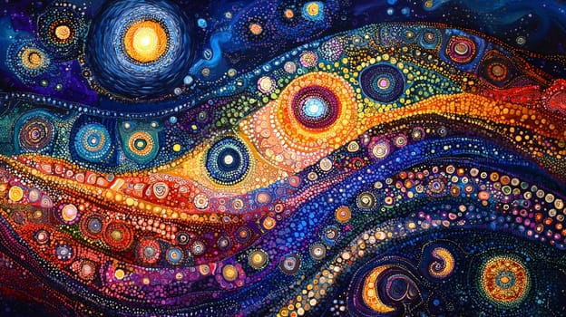 A vibrant depiction of Aboriginal Dreamtime art, featuring intricate patterns, symbolic designs, and earthy tones that convey the spiritual connection to land and ancestry. This artwork embodies storytelling, tradition, and the profound cultural heritage of Australia's First Nations people.