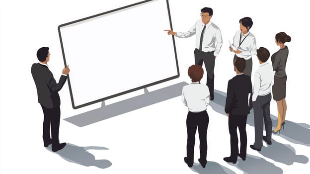 A clean and simple corporate illustration depicting a small group of people engaged in a collaborative discussion around a large whiteboard. One individual leads the conversation, pointing to the board, fostering teamwork and idea-sharing in a professional setting.