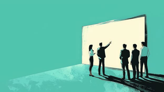 A clean and simple corporate illustration depicting a small group of people engaged in a collaborative discussion around a large whiteboard. One individual leads the conversation, pointing to the board, fostering teamwork and idea-sharing in a professional setting.