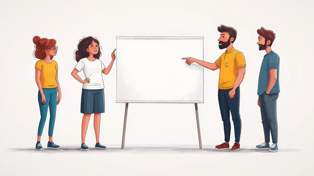 A clean and simple corporate illustration depicting a small group of people engaged in a collaborative discussion around a large whiteboard. One individual leads the conversation, pointing to the board, fostering teamwork and idea-sharing in a professional setting.