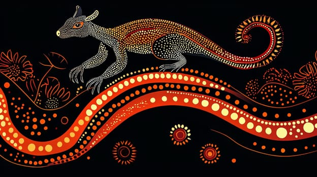 A vibrant depiction of Aboriginal Dreamtime art, featuring intricate patterns, symbolic designs, and earthy tones that convey the spiritual connection to land and ancestry. This artwork embodies storytelling, tradition, and the profound cultural heritage of Australia's First Nations people.