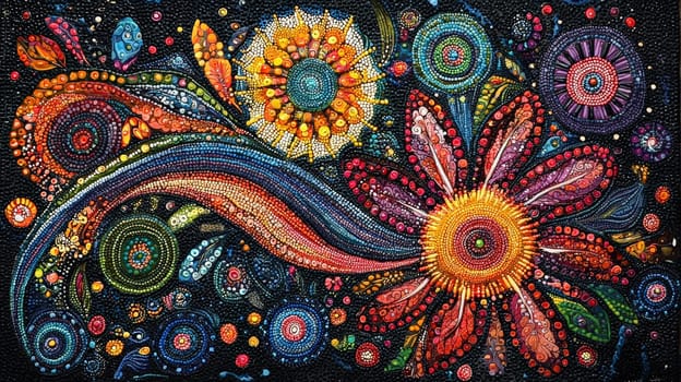 A vibrant depiction of Aboriginal Dreamtime art, featuring intricate patterns, symbolic designs, and earthy tones that convey the spiritual connection to land and ancestry. This artwork embodies storytelling, tradition, and the profound cultural heritage of Australia's First Nations people.