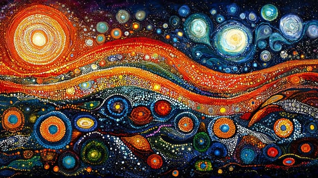 A vibrant depiction of Aboriginal Dreamtime art, featuring intricate patterns, symbolic designs, and earthy tones that convey the spiritual connection to land and ancestry. This artwork embodies storytelling, tradition, and the profound cultural heritage of Australia's First Nations people.