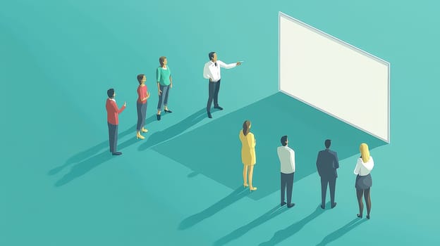A clean and simple corporate illustration depicting a small group of people engaged in a collaborative discussion around a large whiteboard. One individual leads the conversation, pointing to the board, fostering teamwork and idea-sharing in a professional setting.