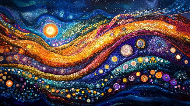 A vibrant depiction of Aboriginal Dreamtime art, featuring intricate patterns, symbolic designs, and earthy tones that convey the spiritual connection to land and ancestry. This artwork embodies storytelling, tradition, and the profound cultural heritage of Australia's First Nations people.
