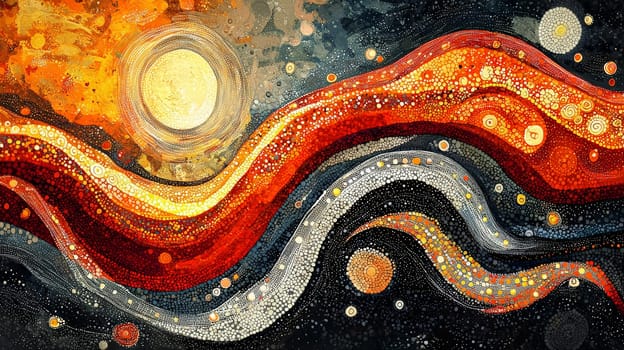 A vibrant depiction of Aboriginal Dreamtime art, featuring intricate patterns, symbolic designs, and earthy tones that convey the spiritual connection to land and ancestry. This artwork embodies storytelling, tradition, and the profound cultural heritage of Australia's First Nations people.