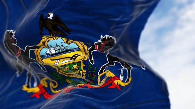 Close-up of Pennsylvania state flag waving. Blue field with state coat of arms: shield between horses, eagle on top. 3d illustration render. Fluttering textile. Selective focus