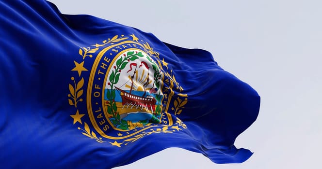New Hampshire state flag waving in the wind on a clear day. Dark blue background with a state seal in the middle. 3d illustration render. Rippling fabric