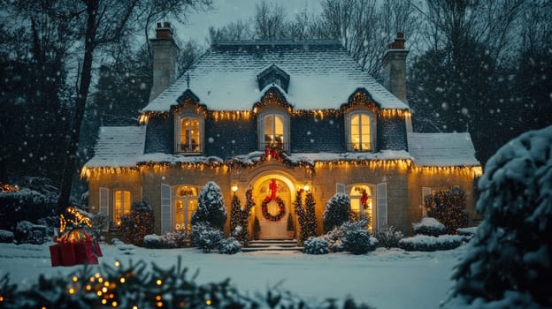French style house decorated and illuminated for Christmas and New Year. City mansion in winter park covered with snow.