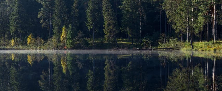 Lakes in the autumn forest. Forest autumn landscape, beautiful nature.