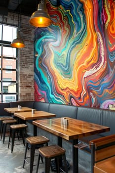 A stylish cafe interior featuring bold abstract wall art