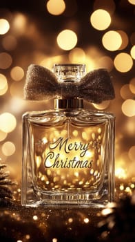Transparent perfume bottle with Merry Christmas text and a bow on golden bokeh background with copy space. New Year gift.