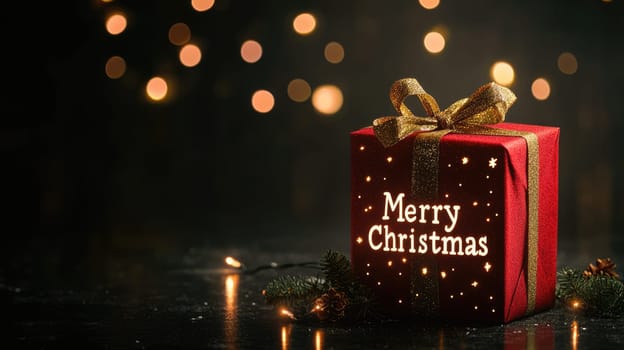Red gift box with a golden ribbon and glowing neon Merry Christmas text on black background with copy space.