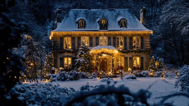 French style house decorated and illuminated for Christmas and New Year. City mansion in winter park covered with snow.