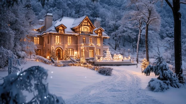 French style house decorated and illuminated for Christmas and New Year. City mansion in winter park covered with snow.
