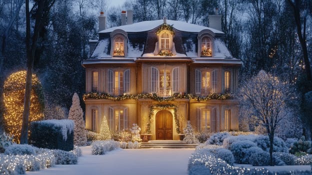 French style house decorated and illuminated for Christmas and New Year. City mansion in winter park covered with snow.