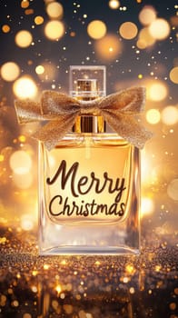 Transparent perfume bottle with Merry Christmas text and a bow on golden bokeh background with copy space. New Year gift.