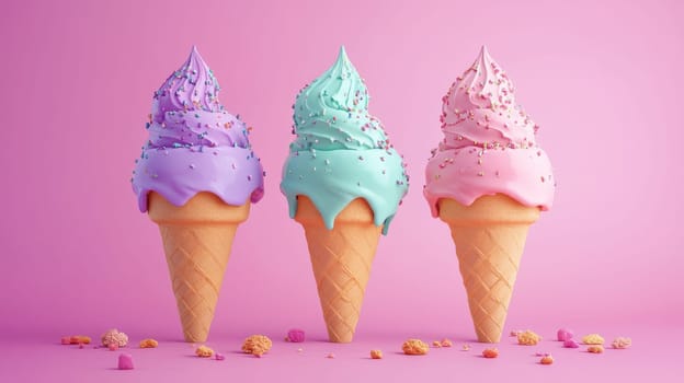 Three vibrant ice cream cones with sprinkles on a pink backdrop, perfect for summer and dessert concepts.