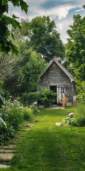 A charming wooden shed nestled in a lush garden, surrounded by vibrant greenery and a stone pathway under a clear blue sky.