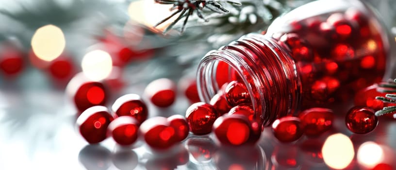 A glass jar spills bright red ornaments onto a surface surrounded by festive evergreen branches. The scene captures the spirit of Christmas cheer.