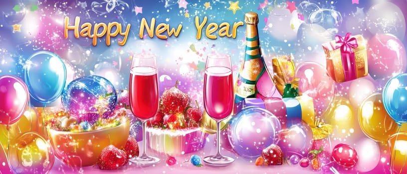 Colorful decorations and festive treats fill the scene celebrating Christmas and New Year with drinks gifts and balloons celebrating the season.