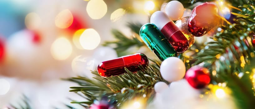 Brightly colored ornaments hang on a Christmas tree with twinkling lights creating a joyful and festive atmosphere during the holiday season.