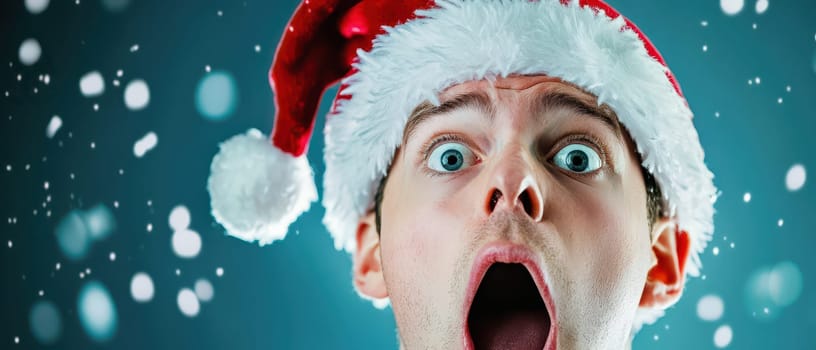 A man with wide eyes and an open mouth wears a festive Christmas hat while surrounded by falling snowflakes expressing excitement.