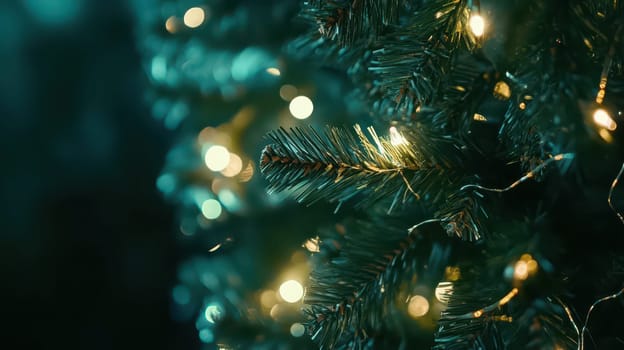 Green Christmas tree branches adorned with warm white lights create a cozy and festive atmosphere during the holiday season.